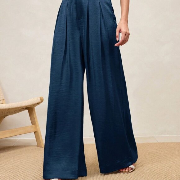 Blue Casual Women's High-Waisted Satin Pleated Wide Leg Elegant Long Pants - Picture 6 of 6